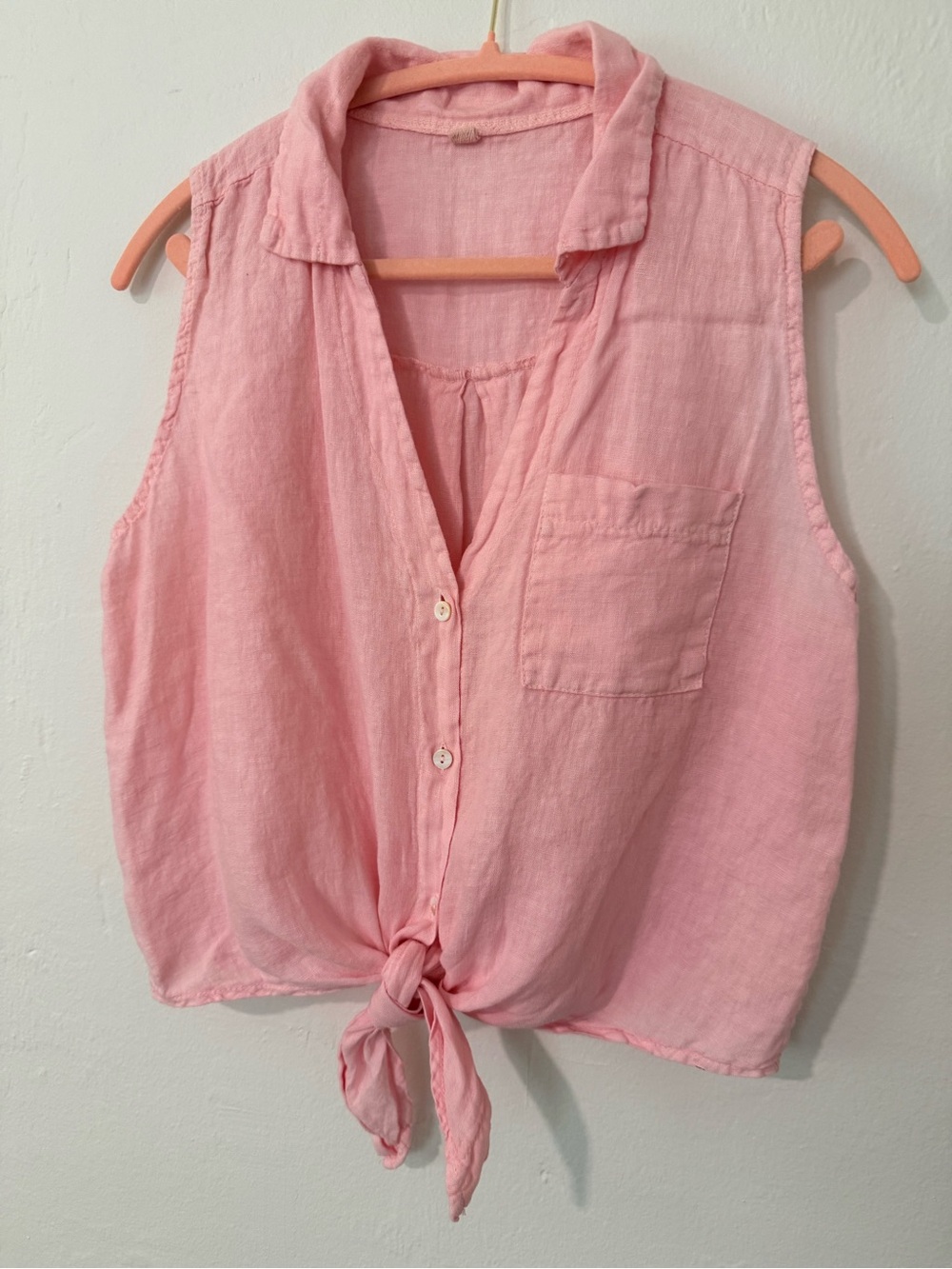 100% Linen Pink Sleeveless Button Front Tie Waist Top – Made in Italy